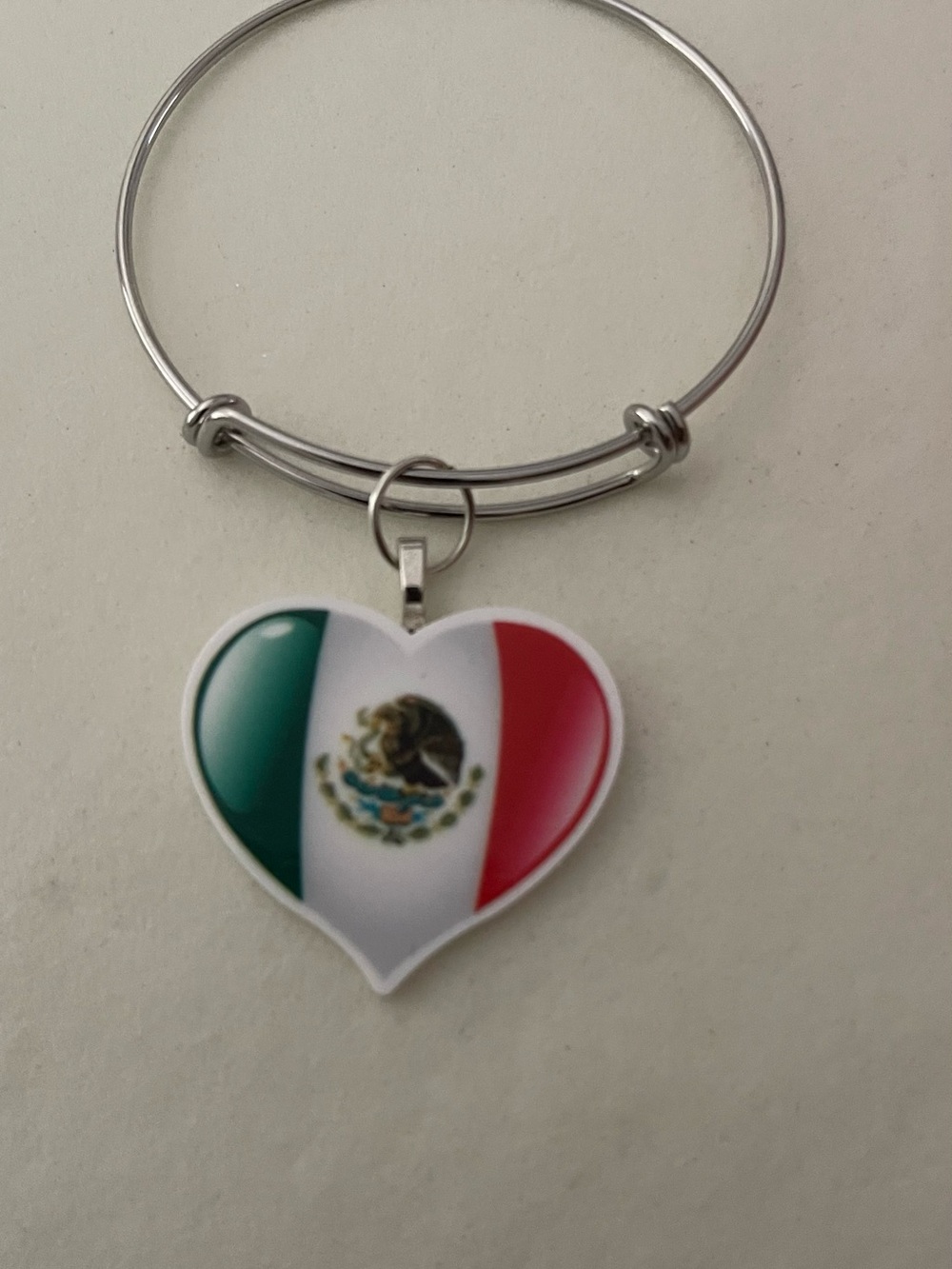 Mexican Flag Heart Charm Bangle Bracelet - Silver
